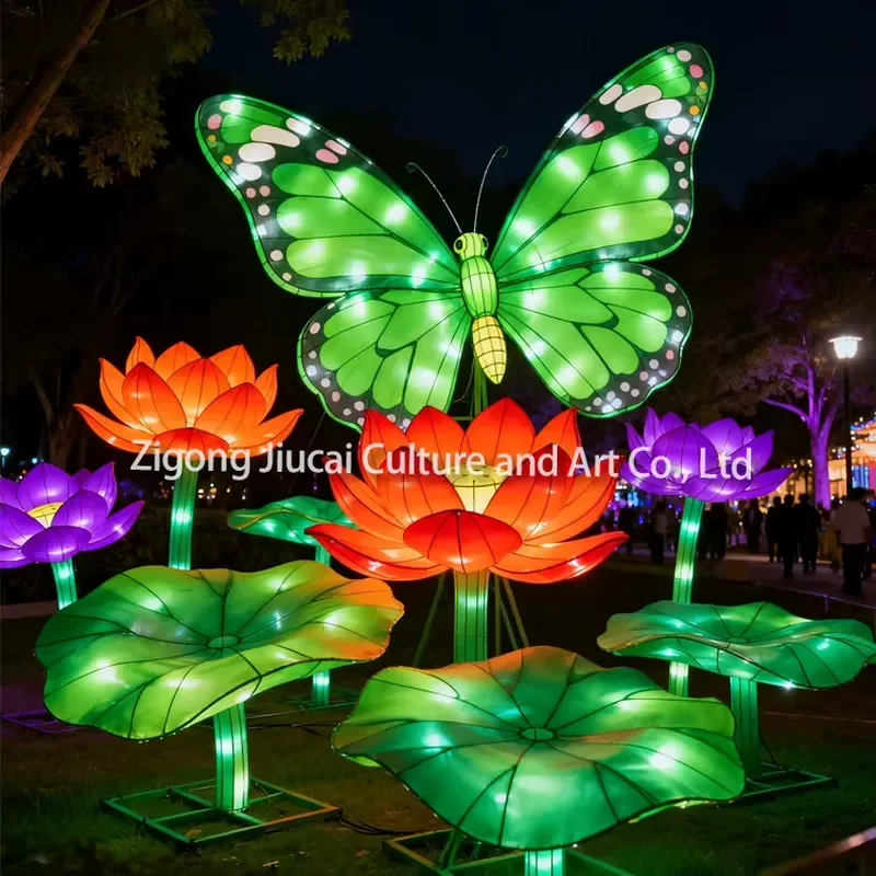 Giant LED Insect Butterfly Lotus Lantern Set Silk Lantern Outdoor Christmas Halloween Festival Decor Garden Event Night Show