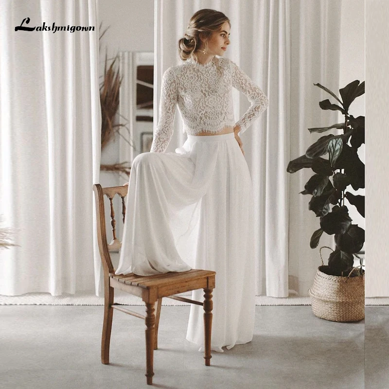 Boho semplice collo alto sexy bottoni senza schienale pizzo corto top tuta abiti da sposa abiti in chiffon personalizzati con maniche ad aletta completa