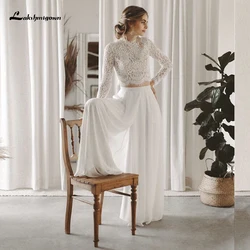 Boho Simple High Neck Sexy Backless Button Lace Short Top Jumpsuit Wedding Dresses Chiffon Bridal Gowns Full Cap Sleeve vestidos