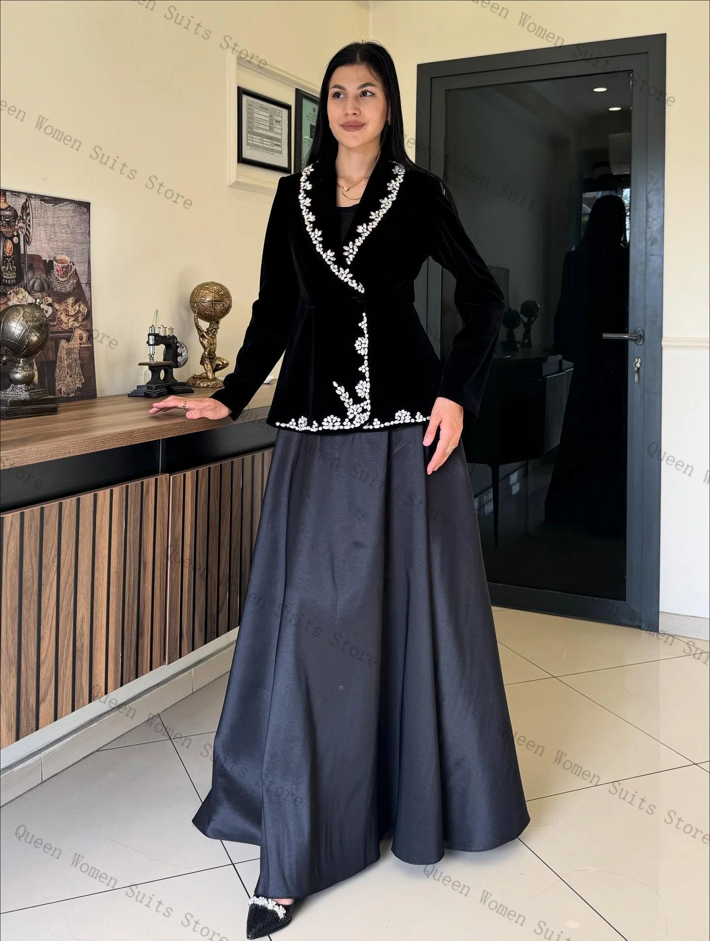 Fluwelen vrouwen pak rok set 2-delige kristallen blazer + prom jurk formeel kantoor dame jas herfst bruiloft gast jas aangepast