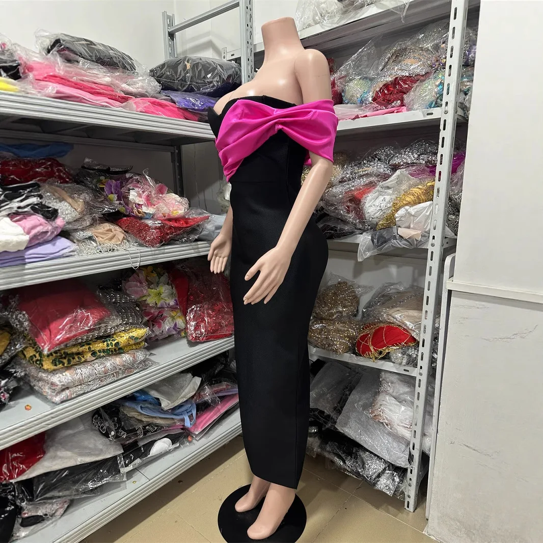 Robe de soirée élégante pour femmes, sans bretelles, Design Patch, longueur cheville, moulante, élastique, à bandes, une pièce, fête de célébrité