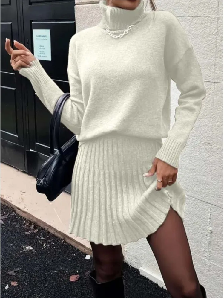 

Women's Casual Fashion Suit High Neck Knitted Long Sleeve Short Skirt Two-piece Set For Women Winter Clothes Woman Pulls Femmes