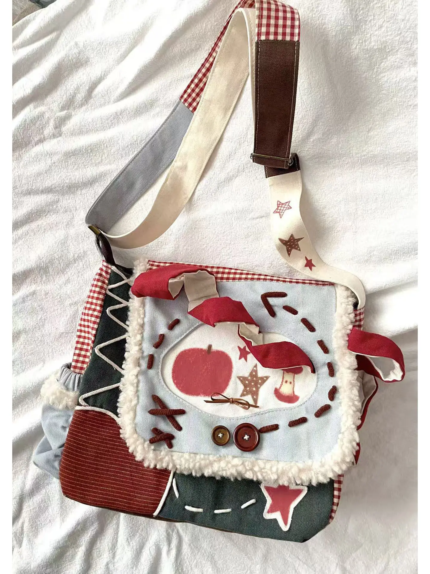 

Sweet Red Apple Splice Canvas Flip Square Bag Envelope Color Block Plaid Shoulder Crossbody Bag
