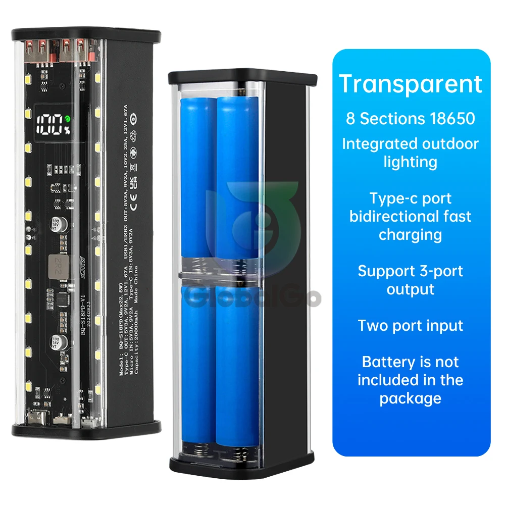 

8x18650 DIY Power Bank Case 22.5W LED Light Digital Display Fast Charging Portable Removable Power Box For Huawei Xiaomi Sumsung