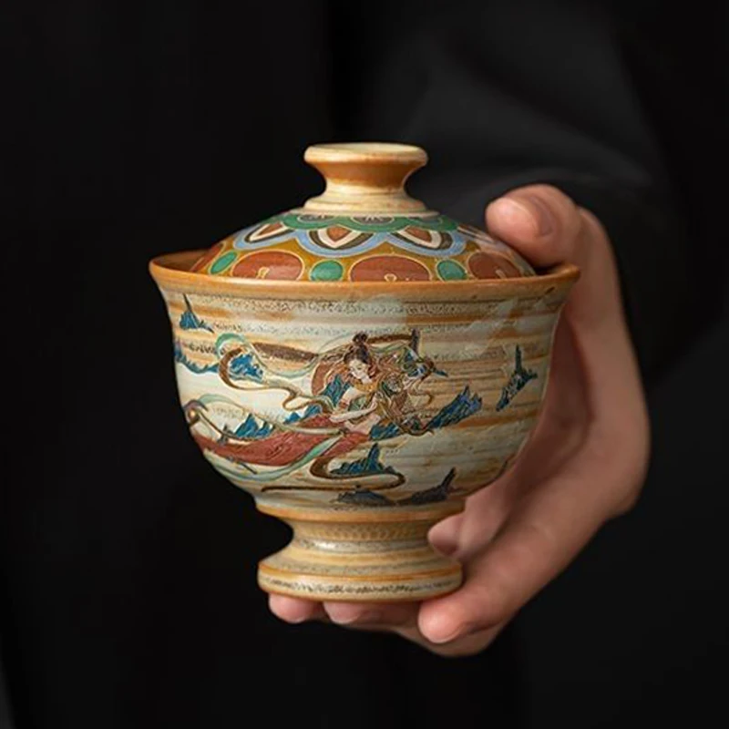 

150ml wood-fired Dunhuang impression Feitian ceramic Gaiwan hand-painted kung fu tea set Chinese two tea bowl tea cup