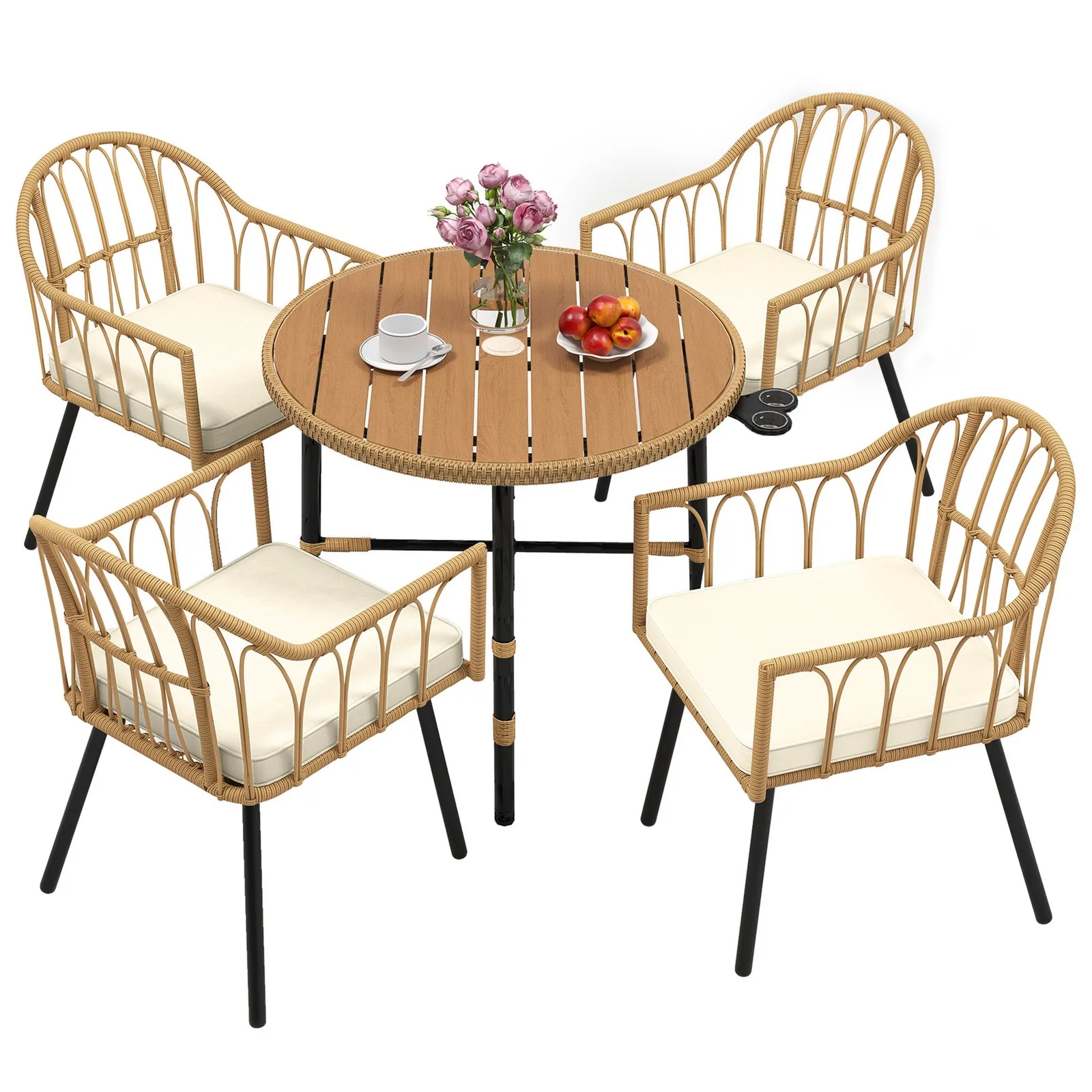 Outdoor Wicker Round Dining Table Plastic Wood Tabletop for Patio Backyard