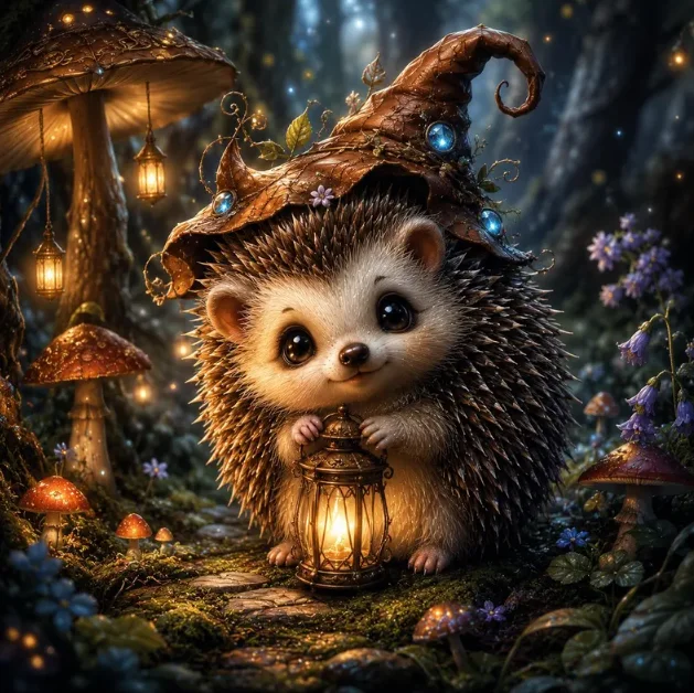 DIY 5D Diamond Painting, Cute Hedgehog Wizard With Lantern In Magic Forest, for Home Wall Decor, Ideal Gift for Art Lovers