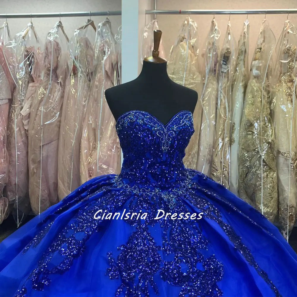 Vestido De Quinceañera con cuentas De cristal azul real, vestido De baile, escote Corazón, apliques De lentejuelas, corsé dulce, 15 Vestidos De Quinceañera