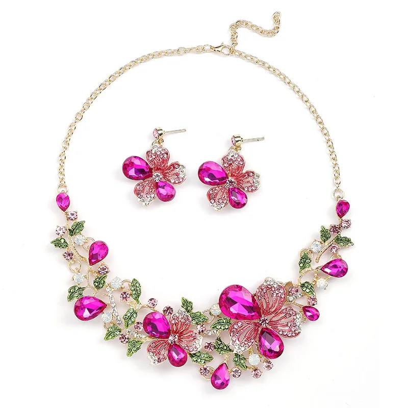 Luxury Necklace Earrings Two Piece Set Of Colorful Flower Bride Accessories