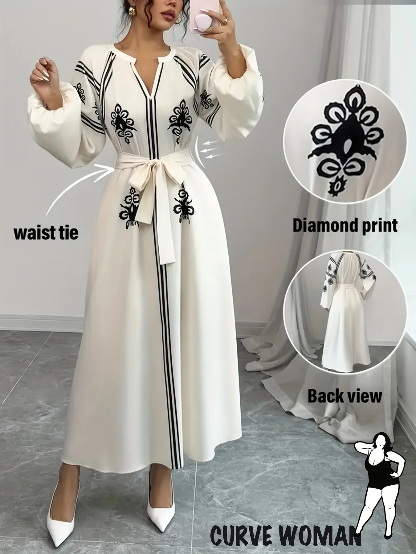 

Plus-Size Women's Printed Waist-Slimming Beige Elegant Lantern-Sleeve Robe