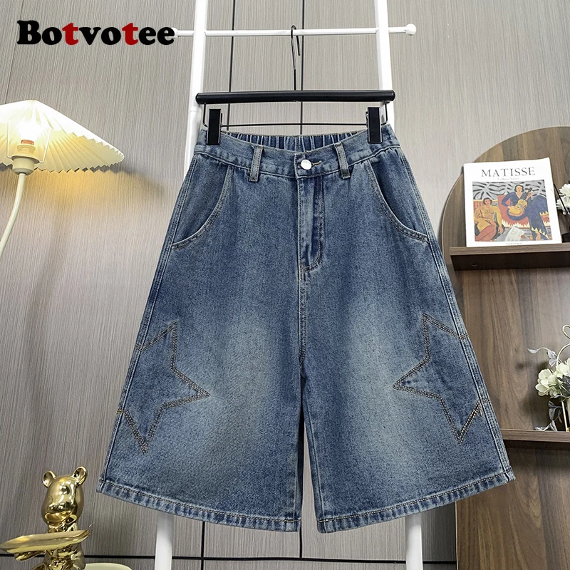 

Botvotee Vintage Star Summer Denim Short Jeans for Women High Waisted Wide Leg Casual M-3XL Shorts Y2k Fashion Streetwear Jeans