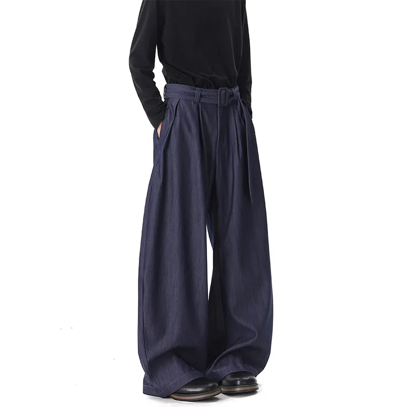 

Мужские повседневные брюки в корейском стиле с декоративным поясом, прямые джинсы, широкие длинные брюки, профессиональные, из полиэстера, с эффектом стирки