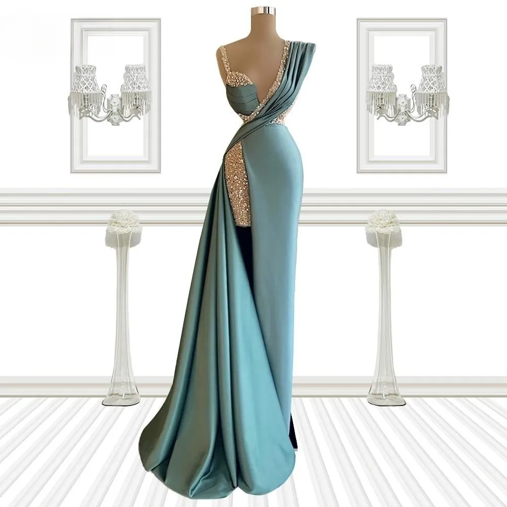 

Teal Prom Dresses Sheath V-neck Sequins Slit Women Prom Gown Saudi Arabia Dubai Black Girls Evening Dresses Robe De Soiree