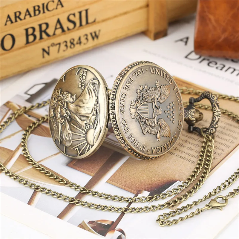 Vintage Statue of Liberty Commemorative Coin 1 Oz Fine Full Quartz Analog Pocket Watch for Men Women Fob Necklace Chain