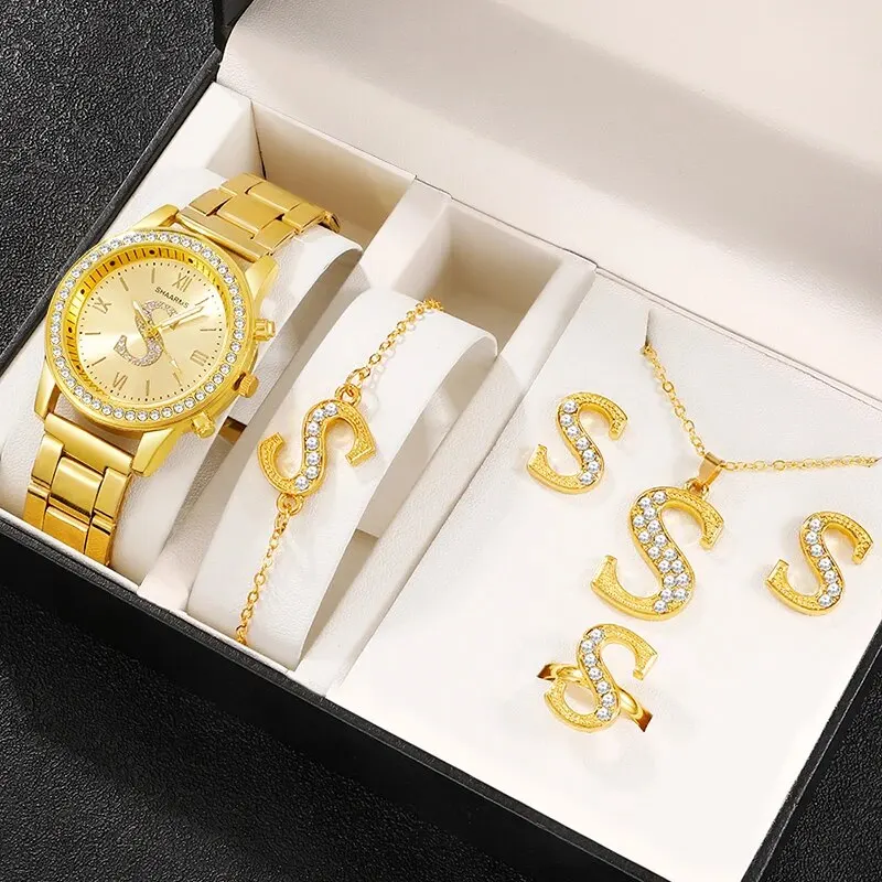 Luxury Gold Watch Womens S Letter Design Ring Necklace Earrings Fashion Wristwatch Female Casual Ladies Steel Bracelet Set Clock