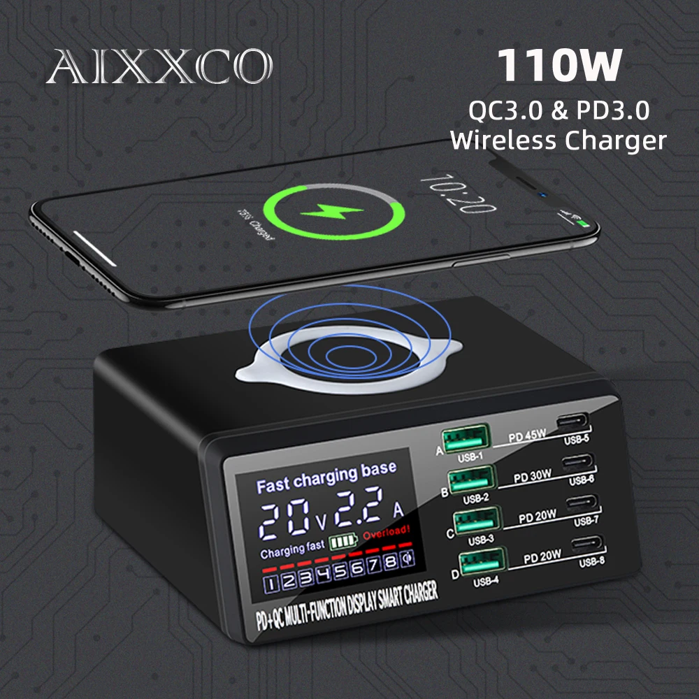 AIXXCO 110W USB Type C Charger Wireless Charing Multi Ports Fast Phone Charger PD QC3.0 Quick Charge For iPhone Samsung Xiaomi