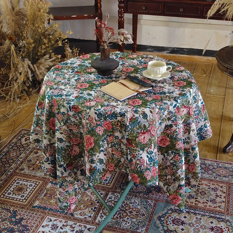 Table Cloth Round Painting Jacquard Retro Tablecloth Pastoral Style with Tassel Coffee Home Decorative Table Cover Anti Stain