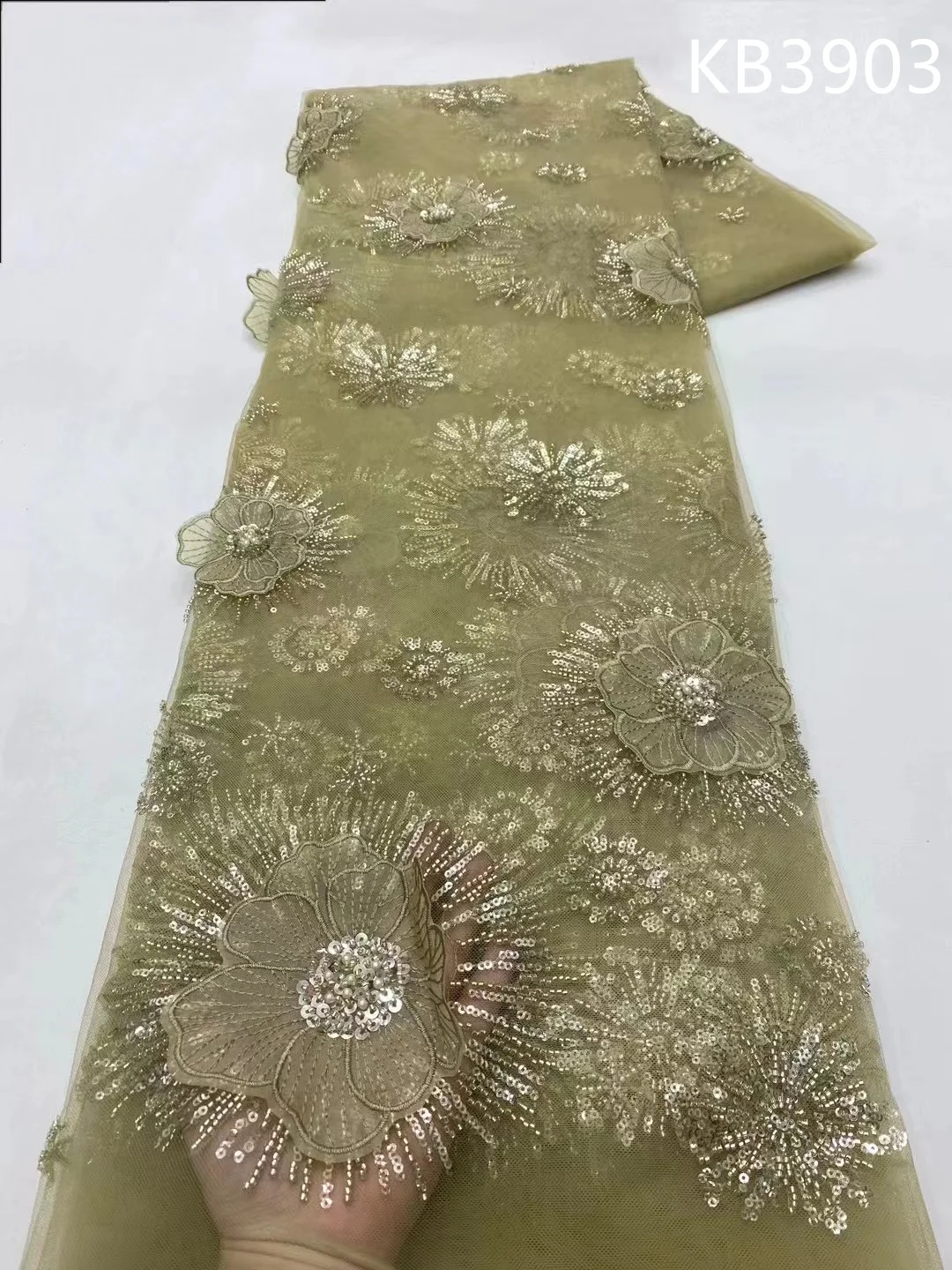 Africa Lace Fabric 5 Yards High Quality 2024 Nigerian Olive Green Sequins Lace Beaded 3D Flower Lace Fabric For Sewing KB3903