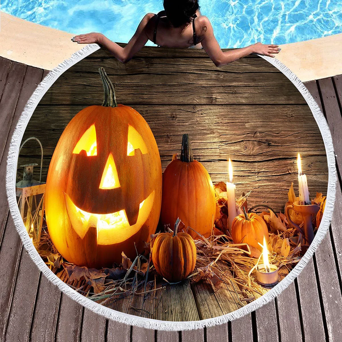 منشفة شاطئ مستديرة للهالوين، مناشف شاطئ على شكل يقطين من الألياف الدقيقة، مناشف حمام سباحة ماصة سريعة الجفاف، بطانية شاطئ خالية من الرمال للسفر #4