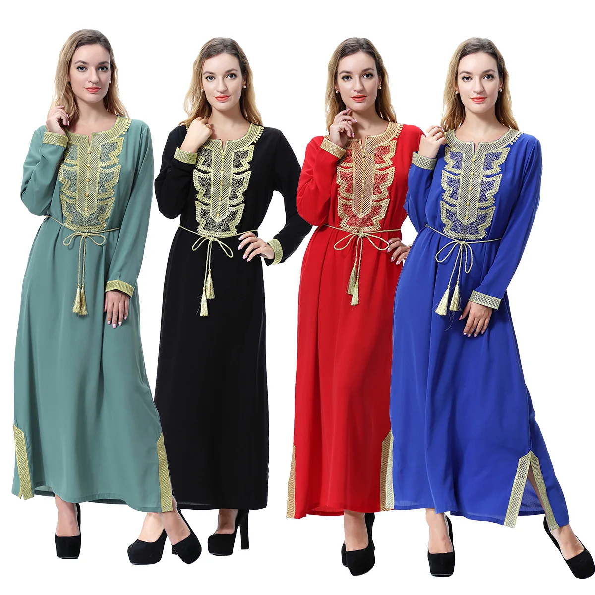 

Muslim Summer Lady Long Sleeve Round Collar Appliqued Belt Abaya Arab Women Solid Color Traditional Ankle Length Robe Maxi Dress