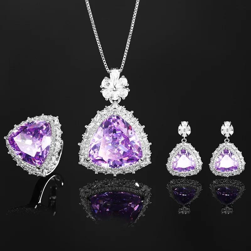 

Triangle Shape Purple Color High Carbon Diamond Micro Clear Zircon Pendant Necklace Stud Earrings Adjustable Ring Jewelry Set