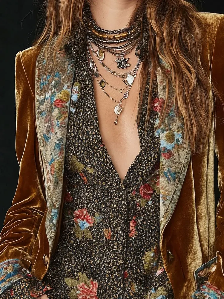 

Elegant Velvet Blazer for Women Single Button Lapel Female Blazer Jacket Slim Fit Floral Pattern Outerwear Coat Autumn Winter