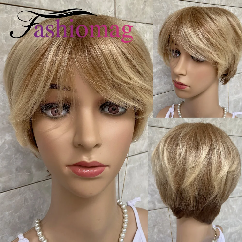 

Fashiomag Short Wavy Hairstyle Rooted Blonde Mix Human Hair Blend Heat Ok Wigs For White Women Soft Natural Daily Use