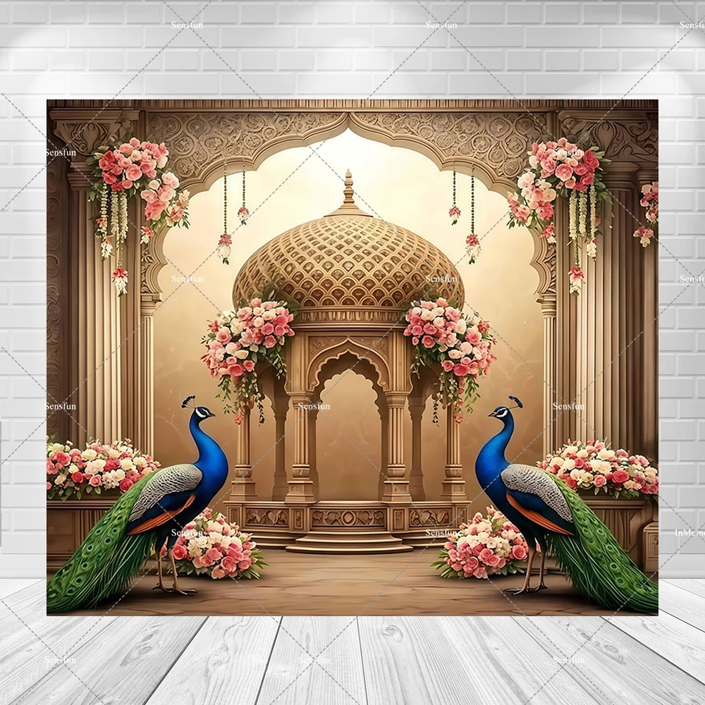 Indian Style Peacock Floral Wedding Birthday Party Baby Shower Backdrop Cover Photography Background Decor Banner