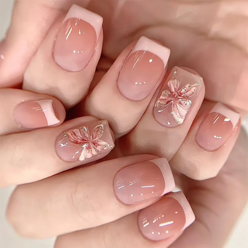 

24Pcs Short Square Head French Fake Nails Press on 3D Butterfly Design False Nails Red Gradient Detachable Full Cover Nails Tips