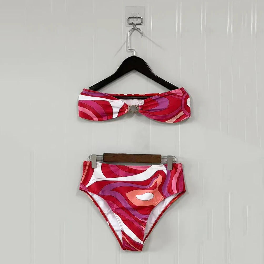 Classic Women's Red Ribbon Scarf Strapless Bikini Sets with Designer Signature Letter Logo Luxury Design Women's Two-Piece Suits
