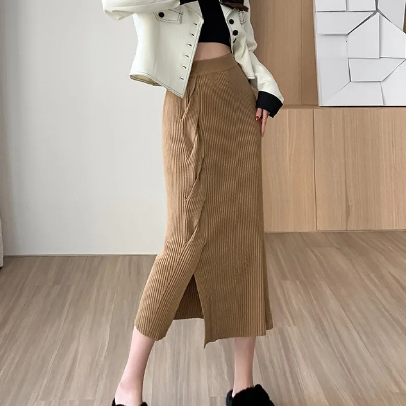 Split Knitted Hip Wrap Half Skirt for Women Winter Design Feeling Elegant One Step Skirt Elastic Waist Elastic Mid length Skirt