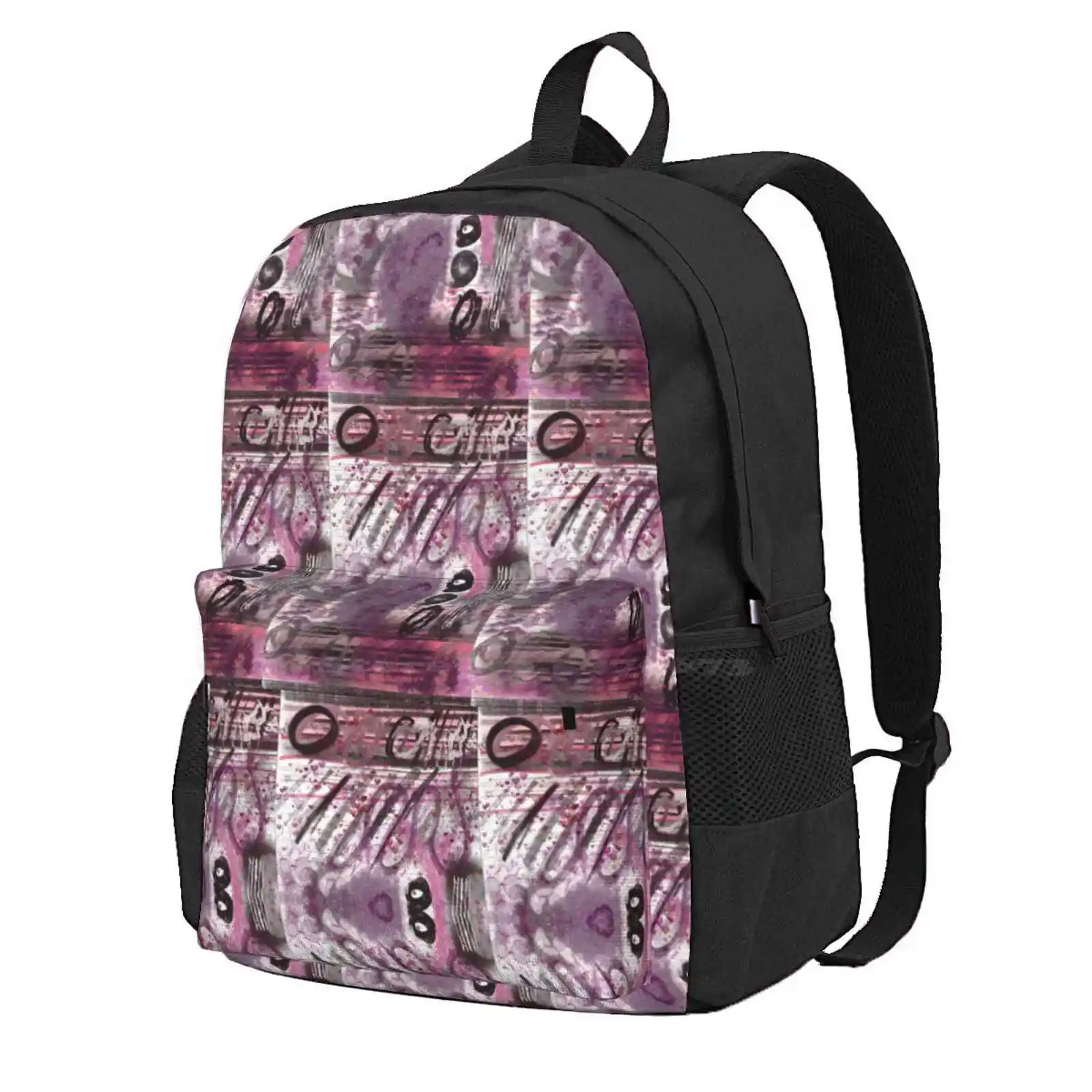 Funky Times Hot Sale Schoolbag Backpack Fashion Bags Purple Pink Shapes Hearts Paterns Stars Contempory Lines Black