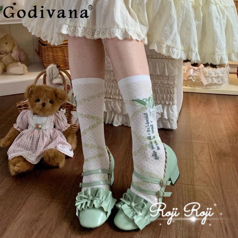 

Japanese Lolita Sweet Printed Socks Autumn New Women's Breathable Casual Versatile Cotton Socks Girls' Kawaii Bow Lace Socks