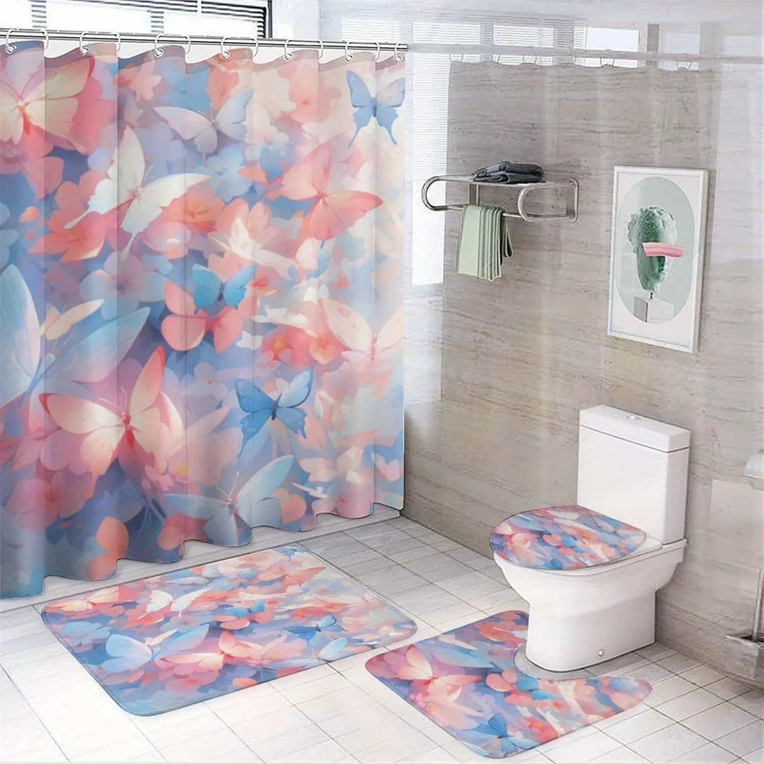 

4 шт. Декор для ванной комнаты с цветком бабочки, можно стирать в машине, полиэфирная ткань, занавеска для душа, коврик для унитаза, нескользящий коврик, U-образный коврик