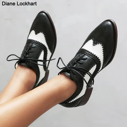 Spring Autumn Women's Oxfords Flats Brogue Shoes British Derby Flats Comfortable Office Lace-up Black White Loafers Shoes Woman