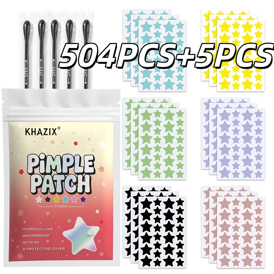 

504PCS of star water gel fun acne patches.It comes with 5PCS of black cotton swabs as a complementary item for use.