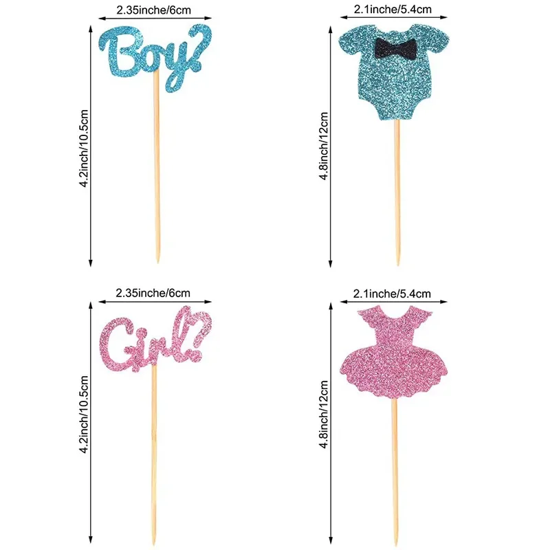 4Pcs Boy or Girl Cupcake Toppers Kids Baby Shower Birthday Glitter Onesie Jumpsuit Gender Reveal Party Cake Decorations Supplies