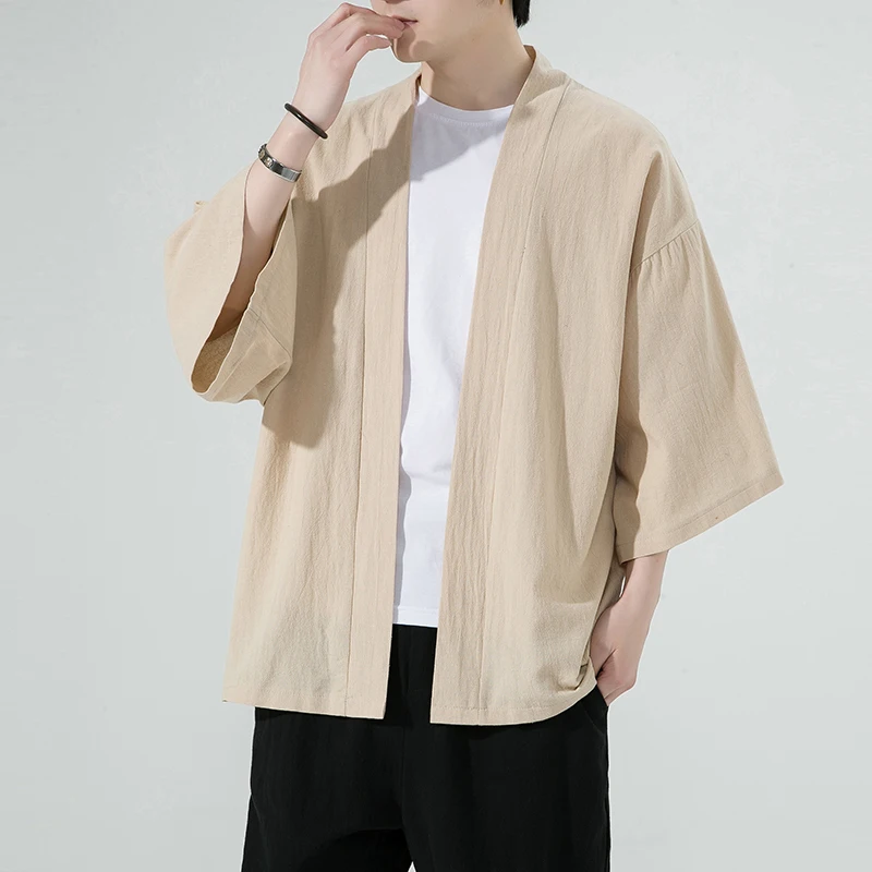 

Men's Chinese Style Kimono Cardigan Loose Cotton Linen Three Quarter Sleeve Open Stitch Casual Summer Shirt Outwear