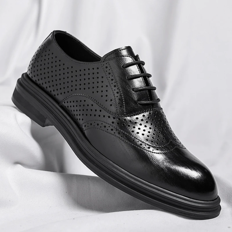 

Mens Black Genuine Leather Perforated Brogue Oxfords Lace Up Chunky Sole Formal Business Office Breathable Summer Casual Shoes