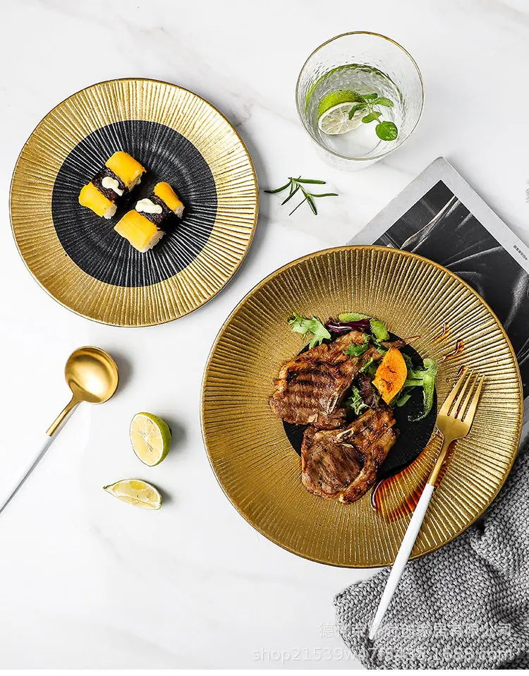 Nordic gold-plated ceramic tableware with gold borders, Western style steak plates, sushi plates, hotel plates