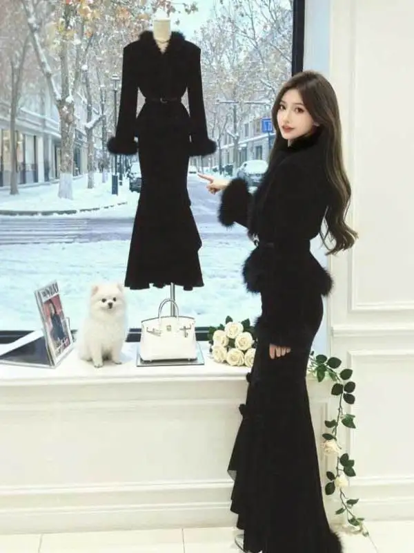 

Hebe Sle Faionable Outerwear Fur Coat Tailored Skirt Two-Piece Set Ele Spring Look Comfortable Vintage Retro Trend