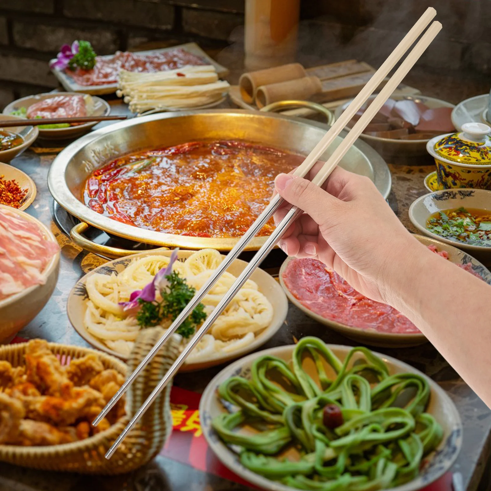 

1Pair Stainless Steel Long Hotpot Cooking Chopsticks Non-Slip Reusable Frying Grilling Bbq Metal Kitchen Utensils