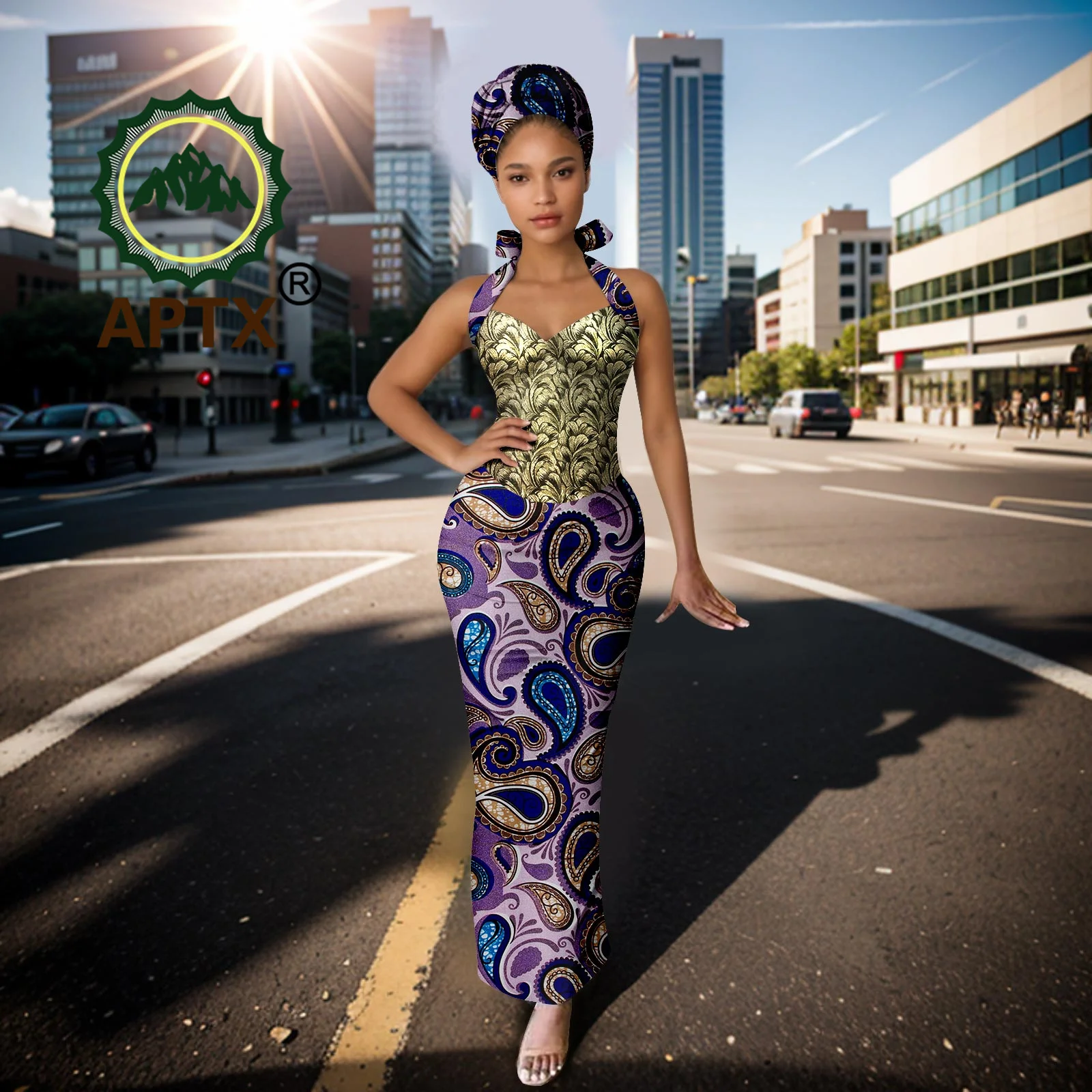 

African Dress for Women Ankara Print Sleeveless Halter Elegant Bodycon Long Dresses with Headscarf Dashiki Party Wedding Attire