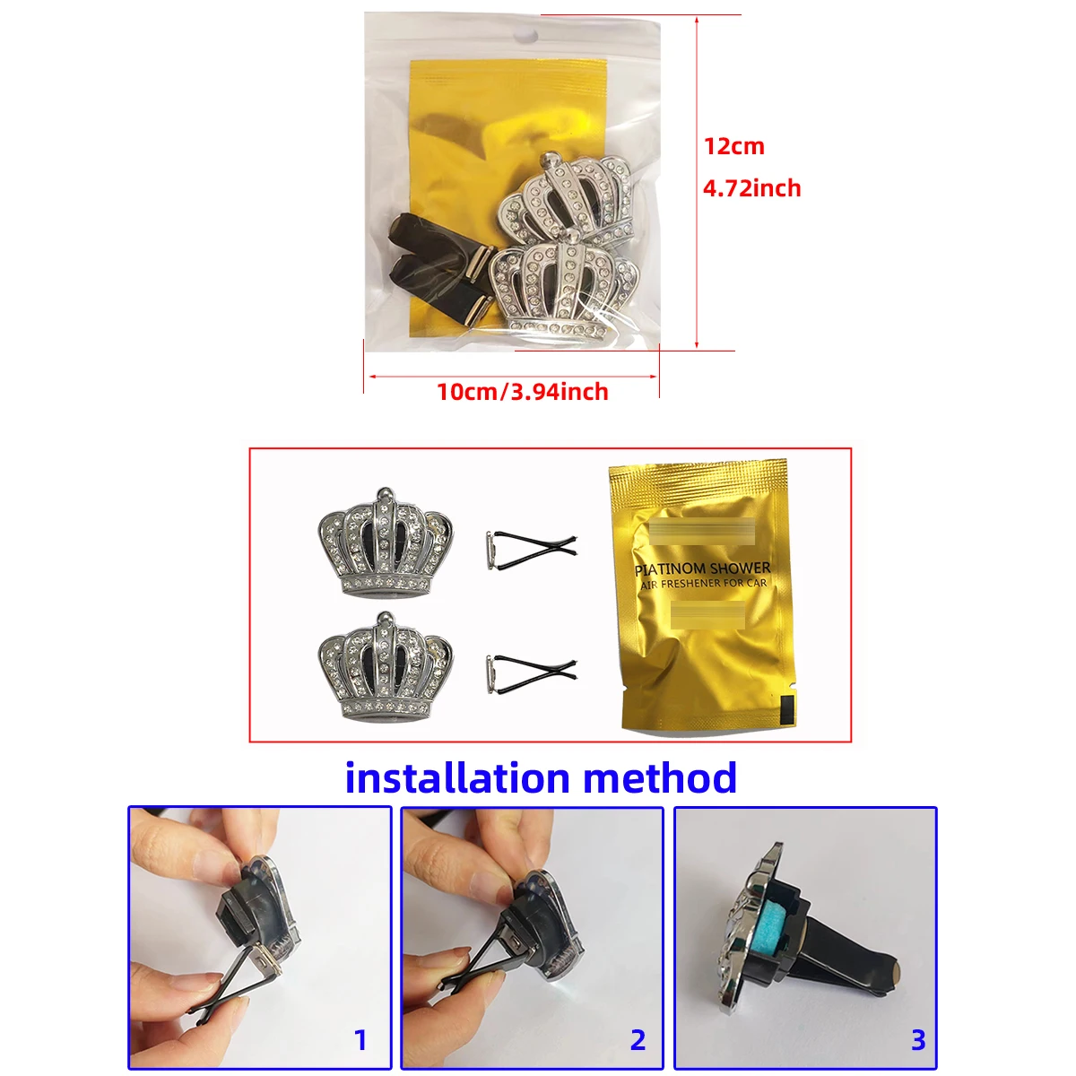 2 car air vents decorated with scented metal crown with diamond Blingbling pair of car interiors for men and women