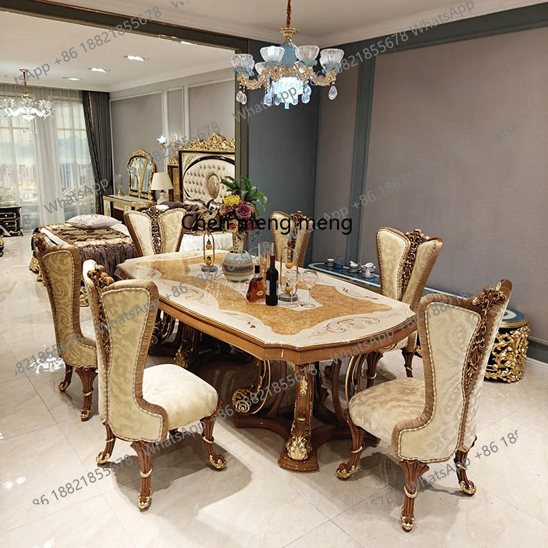 

Французский обеденный стол из цельного дерева, элитная вилла, большой обеденный стол и стул, комбинация европейского придворного стиля, 2,4 метра