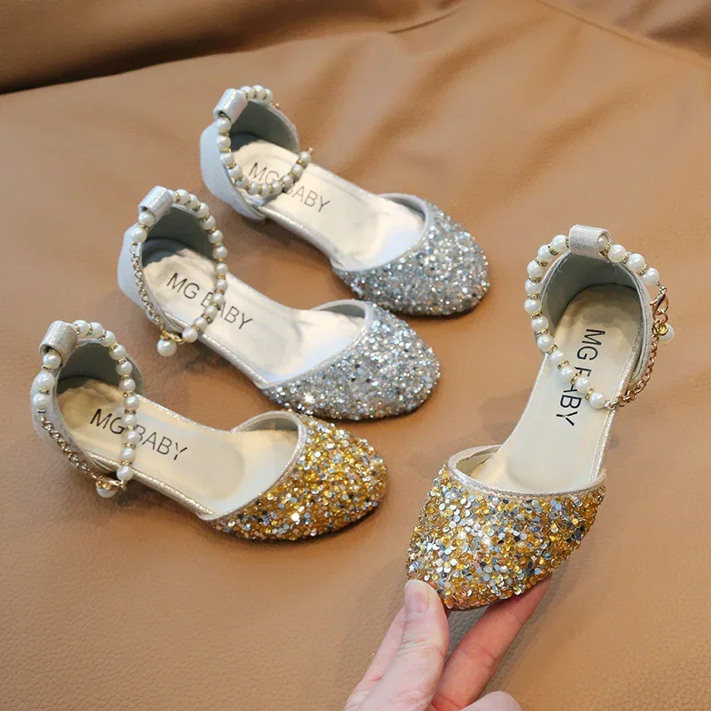 

Baby Girls Princess Shoes Crystal Sequin Bow Fashionable Cute Comfortable Spring/Summer Student Lace Kids Sandals Casual Elegant