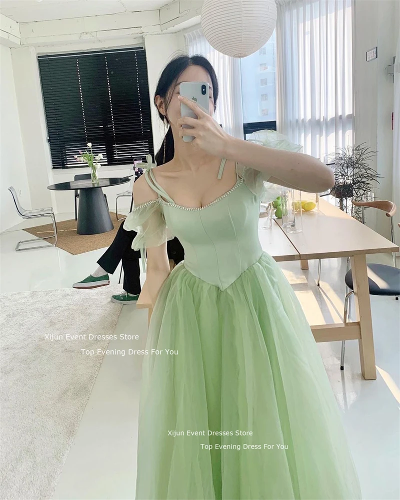 Xijun-Vestidos largos de tul verde salvia para baile de graduación, vestidos de boda de princesa de hadas de Corea, vestidos de novia formales para sesión de fotos, vestidos de fiesta Coreanos