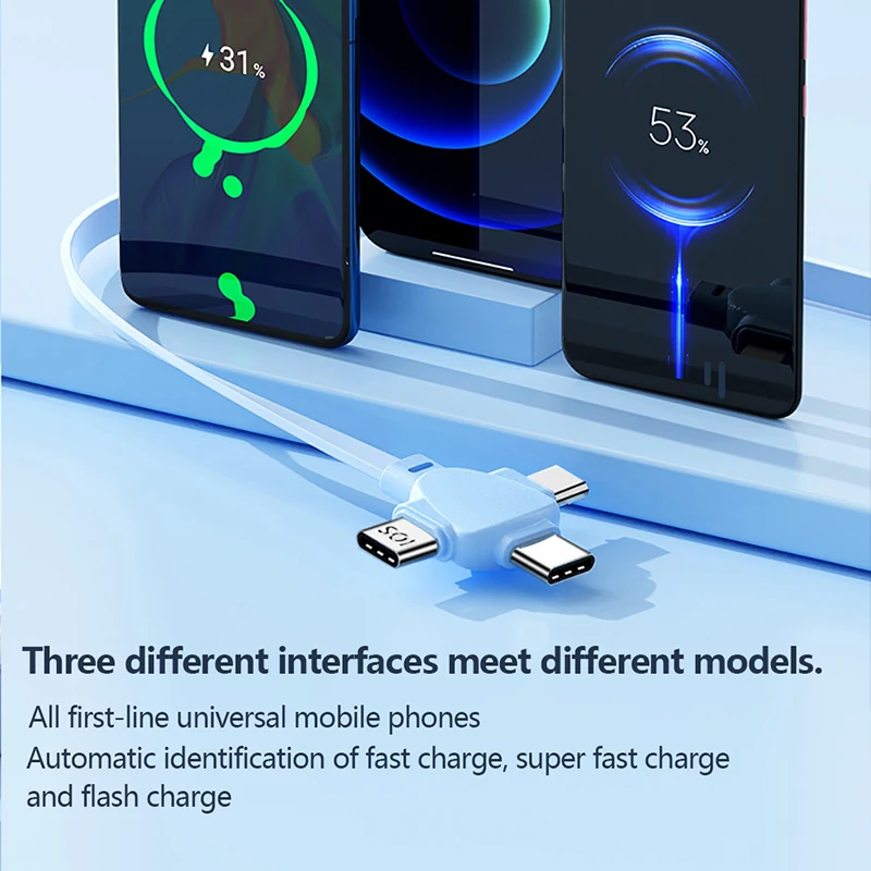 3 In 1 USB Charge Cable 6A 120W For Phone Retractable Portable Micro USB Type-C Cable Charging Cable