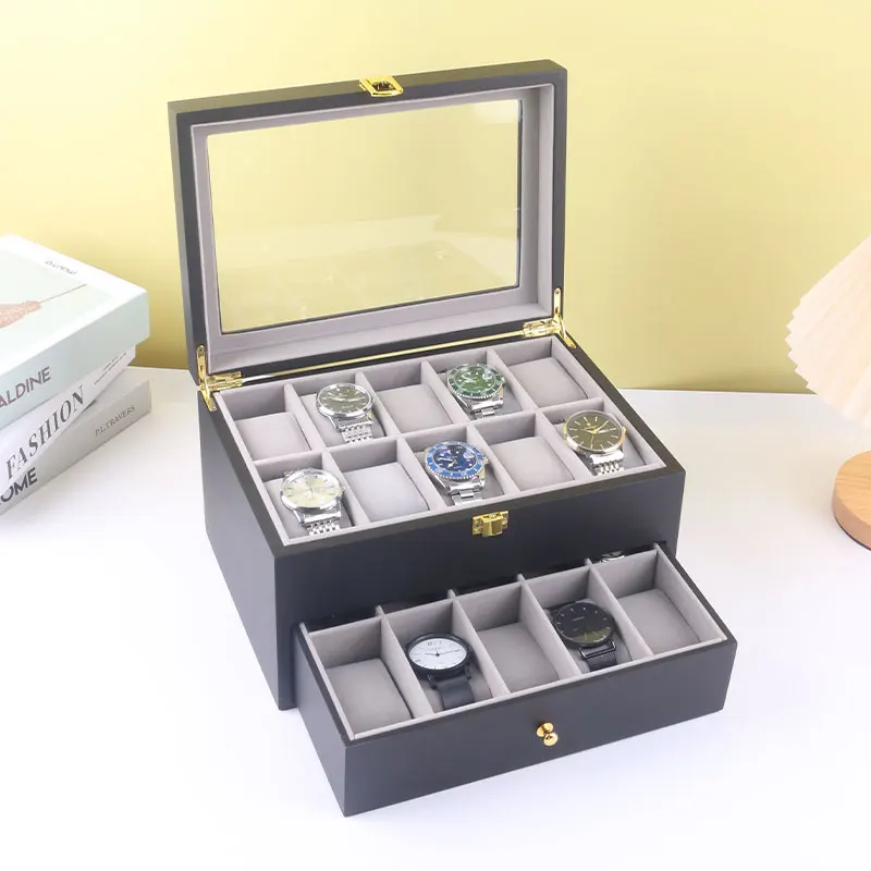 

1PC 20Slot Watch Organizer Case Watch Case with Glass Lid 2 Layers Lockable Watch Display Case Black Paint Gray