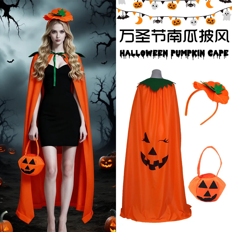 Conjunto de capa de disfraz de calabaza de Halloween, capa naranja de Jack-O'-Lantern con diadema y bolsa de truco o trato para cosplay y disfraces